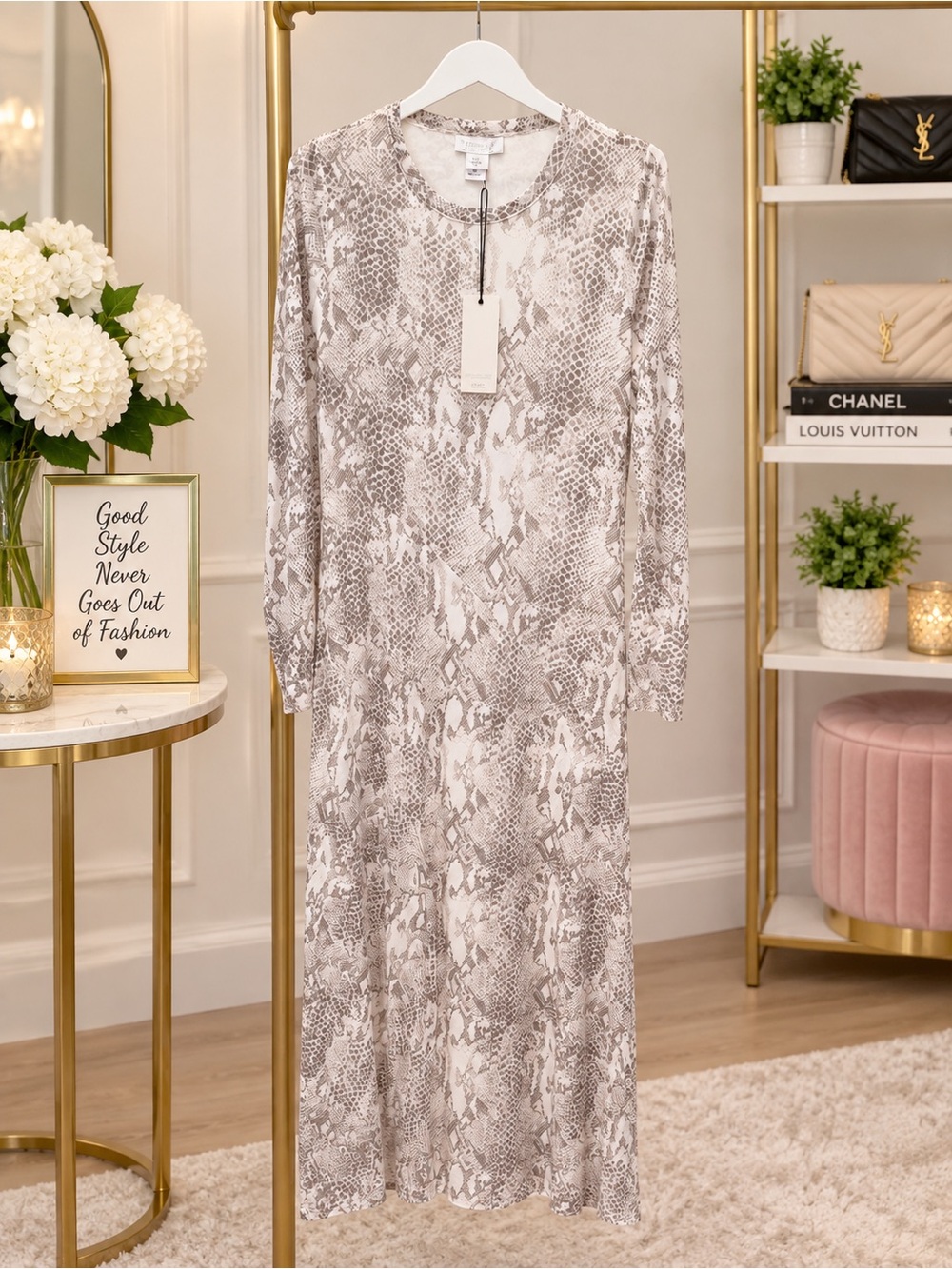 Rachel Zoe Long Sleeve Snake-Print Maxi Dress in Neutral Tones